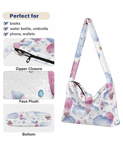 Watercolor Air Balloons Clouds Furry Tote Bag for Women Crossbody Bag Shoulder Bag Satchel Handbag with Zipper for Shopping W...