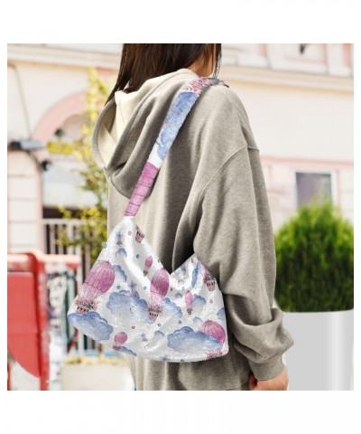 Watercolor Air Balloons Clouds Furry Tote Bag for Women Crossbody Bag Shoulder Bag Satchel Handbag with Zipper for Shopping W...