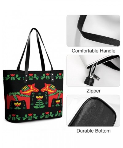 Floral Swedish Dala Horses Women Tote Bags Top Handle Satchel Handbags Faux Leather Tassel Shoulder Purse $16.32 Totes