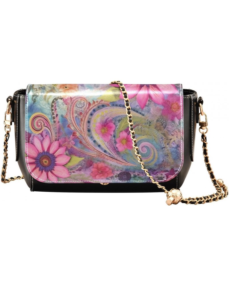 Pink Flowery Paisley Crossbody Bag for Women Girls,Leather Cross Body Purses Chain Strap Handbags Shoulder Bag $23.19 Crossbo...