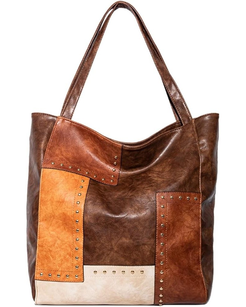 Tote Bag for Women PU Leather Patchwork Color Shoulder Bag Fashion Rivets Hobo Bag Large Purse and Handbag Brown $26.98 Totes