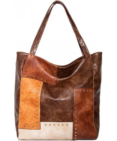 Tote Bag for Women PU Leather Patchwork Color Shoulder Bag Fashion Rivets Hobo Bag Large Purse and Handbag Brown $26.98 Totes