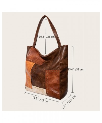 Tote Bag for Women PU Leather Patchwork Color Shoulder Bag Fashion Rivets Hobo Bag Large Purse and Handbag Brown $26.98 Totes