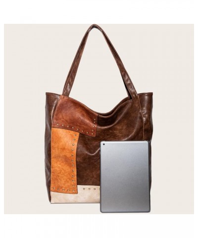 Tote Bag for Women PU Leather Patchwork Color Shoulder Bag Fashion Rivets Hobo Bag Large Purse and Handbag Brown $26.98 Totes