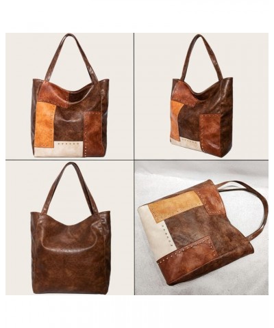 Tote Bag for Women PU Leather Patchwork Color Shoulder Bag Fashion Rivets Hobo Bag Large Purse and Handbag Brown $26.98 Totes