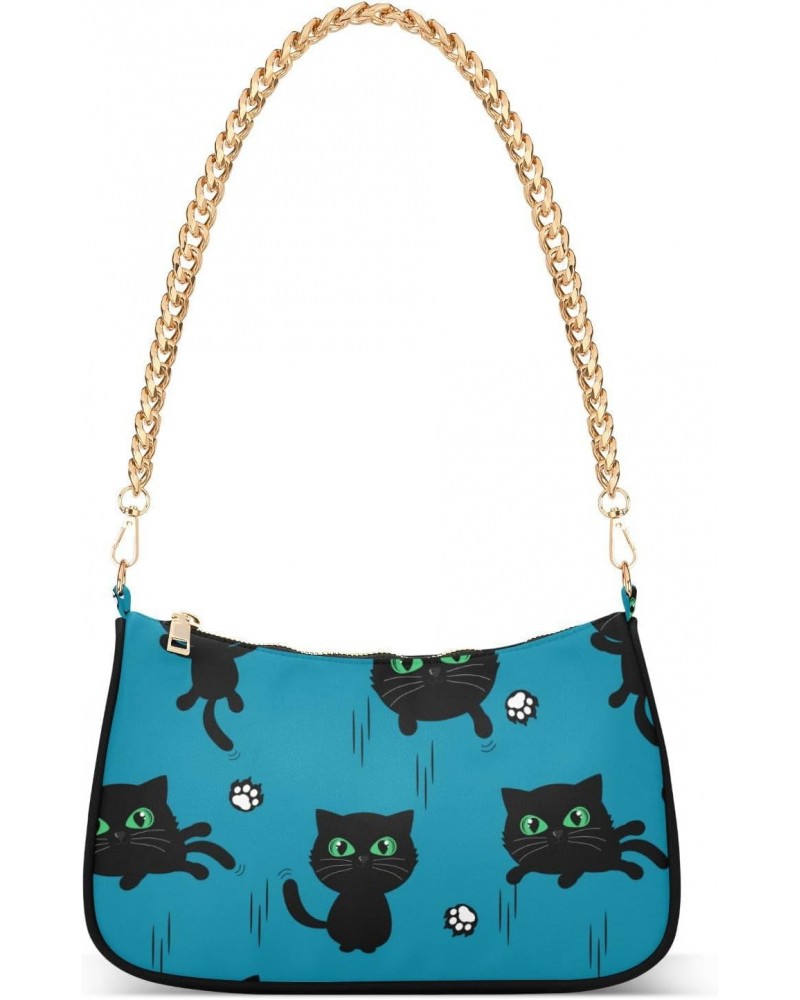 Women Chain Shoulder Purse Bag With Zipper Black Cat Kitten Cartoon Print, Cute Claw Scratch Hobo Tote Clutch Handbags with C...