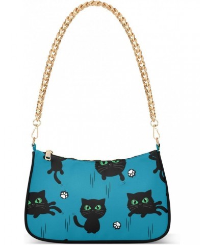 Women Chain Shoulder Purse Bag With Zipper Black Cat Kitten Cartoon Print, Cute Claw Scratch Hobo Tote Clutch Handbags with C...