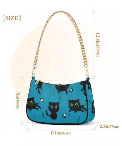 Women Chain Shoulder Purse Bag With Zipper Black Cat Kitten Cartoon Print, Cute Claw Scratch Hobo Tote Clutch Handbags with C...