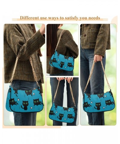 Women Chain Shoulder Purse Bag With Zipper Black Cat Kitten Cartoon Print, Cute Claw Scratch Hobo Tote Clutch Handbags with C...