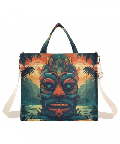 Corduroy Women Tote Bag Polynesian Tiki Mask Print, Handbag Purses with Detachable Strap Small Size $16.81 Crossbody Bags