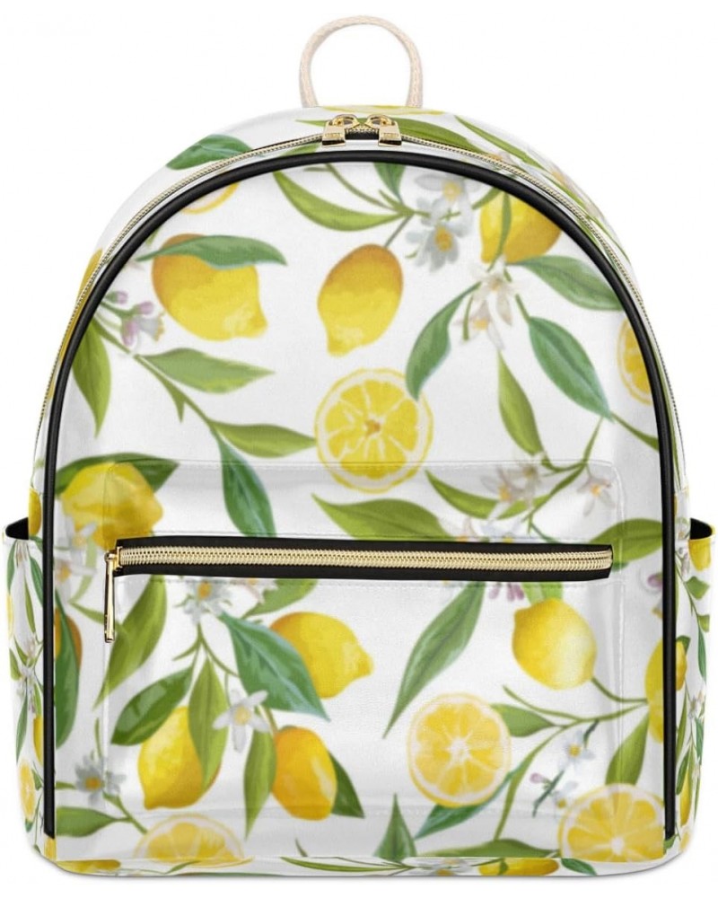 Lemon Leaves Mini Backpack Purse for Women Teen Girls, Lemon Floral Print Leather Small Backpack Lightweight Casual Travel Da...