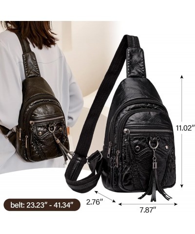 Leather Sling Bag For Women Waterproof Crossbody Bag Chest Bag Fashionable Small Backpack Purse For Travel Hiking Black $11.6...