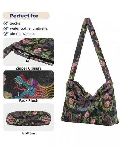 Chinese Dragons Peonies Plush Underarm Bag Women's Tote Handbags Fluffy Shoulder Bag Purse Lightweight Tote Bags Travel Walle...