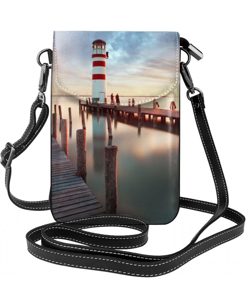 Sunset At Docks Lighthouse Women Cell Phone Purse Leather Shoulder Crossbody Bag Wallet Pouch $21.02 Shoulder Bags