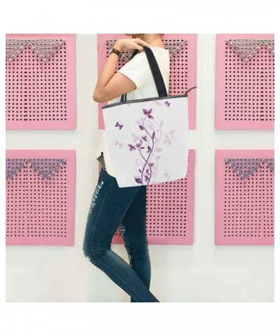 Tote Bag Abstract Purple Flowers Canvas Zippered Tote Handbag for Women with 2 Interior Pockets $12.41 Totes