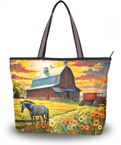 Women Tote Bags Horse Sunflower Top Handle Satchel Handbags Shoulder Bag for Shopping 20847747 Horse Sunflower $11.75 Satchels