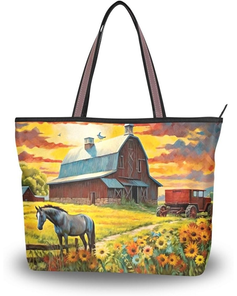 Women Tote Bags Horse Sunflower Top Handle Satchel Handbags Shoulder Bag for Shopping 20847747 Horse Sunflower $11.75 Satchels