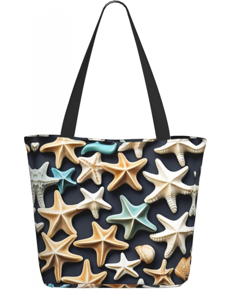 Seashell Starfish Tote Bag with Zipper for Women Inside Mesh Pocket Heavy Duty Casual Anti-water Cloth Shoulder Handbag Outdo...