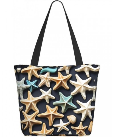 Seashell Starfish Tote Bag with Zipper for Women Inside Mesh Pocket Heavy Duty Casual Anti-water Cloth Shoulder Handbag Outdo...