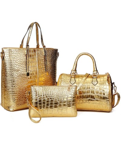 3-PC Women PU Handbag+Shoulder Bag+Clutch Crocodile Pattern Top Handle Fashion Satchel Tote Purse Gold Gold $30.63 Totes