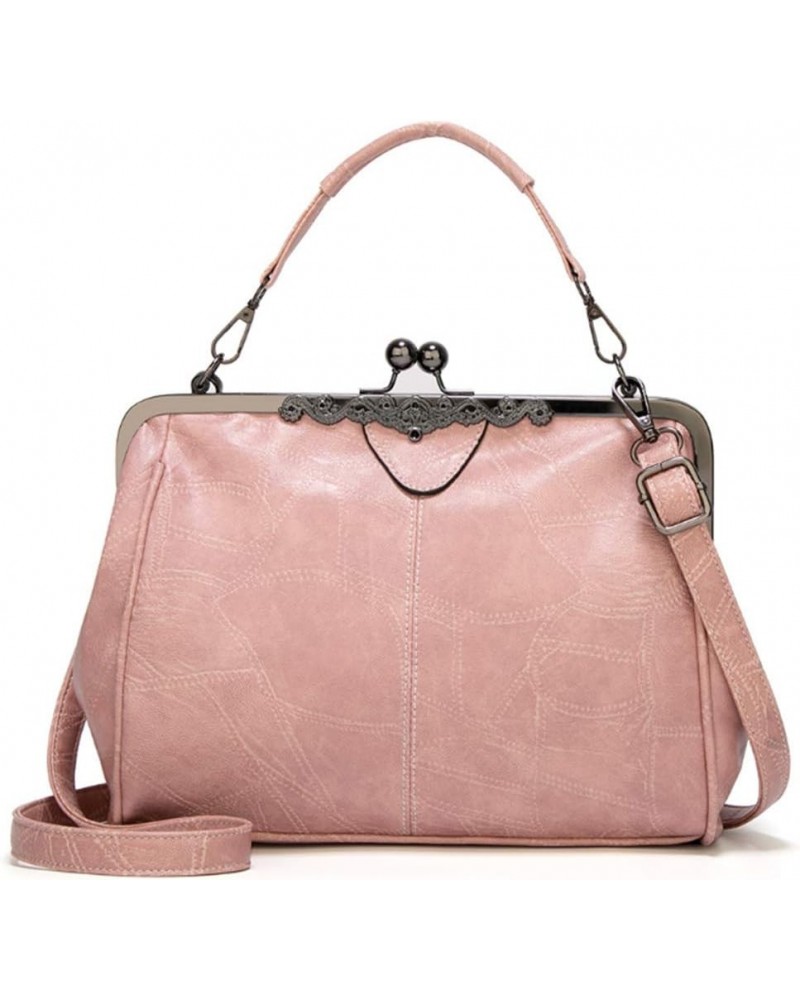 Women Retro Kiss Lock Handbags Oil Wax PU Shoulder Bag Vintage Purses Small Tote Messenger Bags Satchels Pink $33.58 Totes