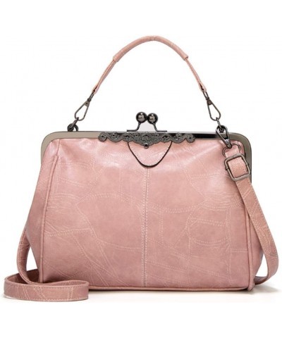 Women Retro Kiss Lock Handbags Oil Wax PU Shoulder Bag Vintage Purses Small Tote Messenger Bags Satchels Pink $33.58 Totes