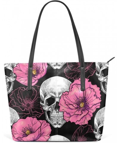 Skull and Pink Flowers Tote Bag with Zipper PU Leather Handbags for Women Top Handle Ladies Shoulder Bag with External Pocket...