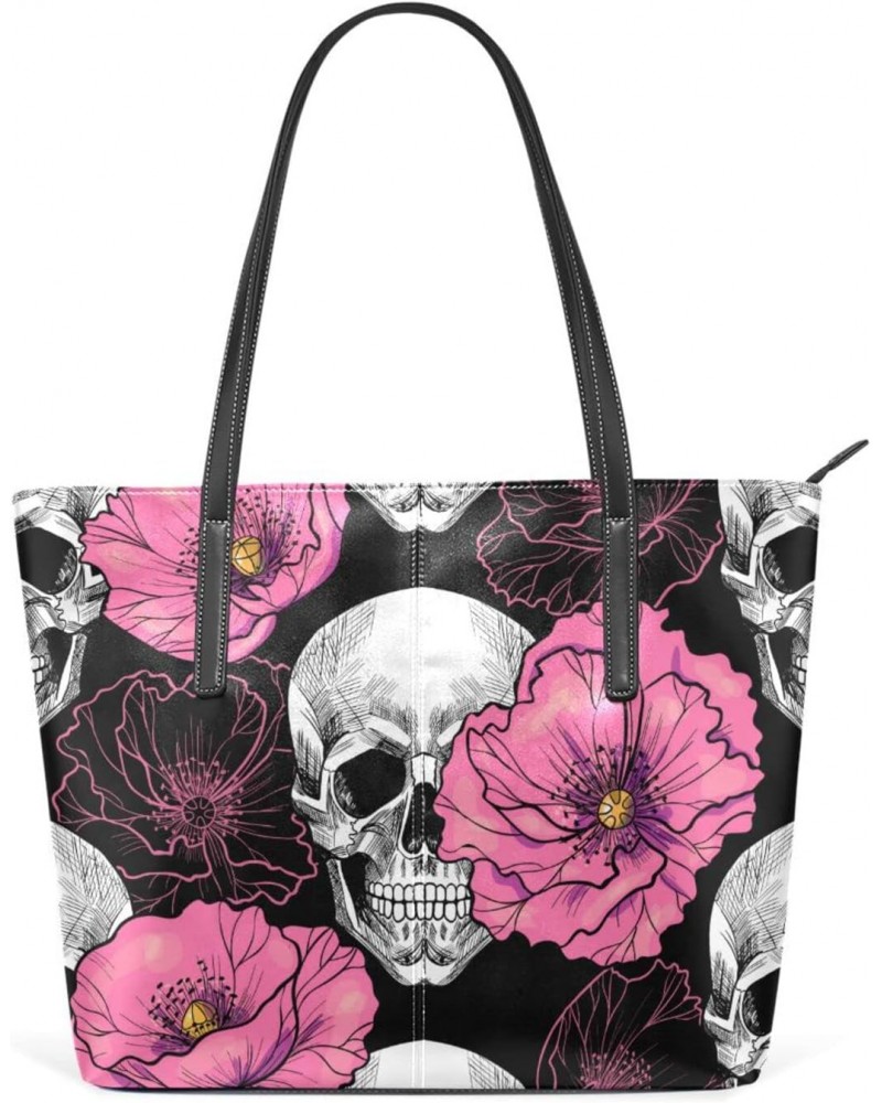 Skull and Pink Flowers Tote Bag with Zipper PU Leather Handbags for Women Top Handle Ladies Shoulder Bag with External Pocket...