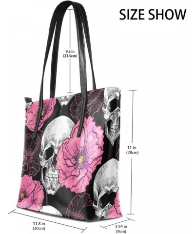 Skull and Pink Flowers Tote Bag with Zipper PU Leather Handbags for Women Top Handle Ladies Shoulder Bag with External Pocket...