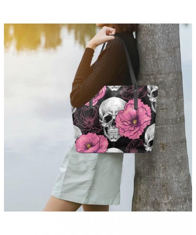 Skull and Pink Flowers Tote Bag with Zipper PU Leather Handbags for Women Top Handle Ladies Shoulder Bag with External Pocket...