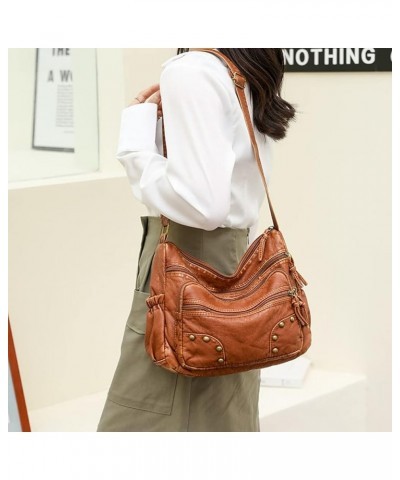 Crossbody Bag for Women Multi Pocket Shoulder Bag Medium Travel Purse Soft Washed Leather Satchel Blue Brown $27.74 Totes