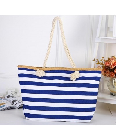 Canvas handbag striped fashion style cotton string portable bag Mori style women's shoulder bag Royal Blue $25.44 Totes