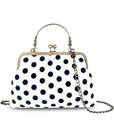 Floral Top Handle Handbag Chain Strap Women Kiss Lock Canvas Frame Shoulder Bag Black-polka-dot $23.39 Handbags