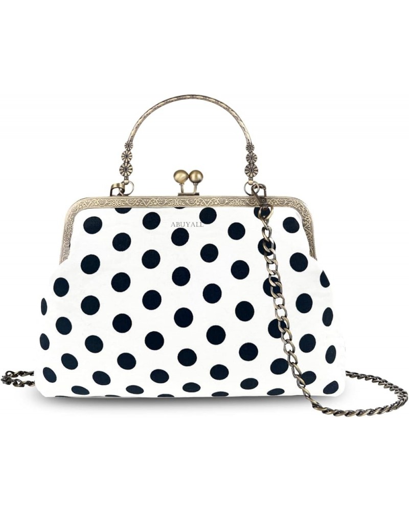 Floral Top Handle Handbag Chain Strap Women Kiss Lock Canvas Frame Shoulder Bag Black-polka-dot $23.39 Handbags