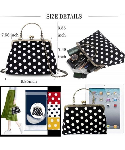 Floral Top Handle Handbag Chain Strap Women Kiss Lock Canvas Frame Shoulder Bag Black-polka-dot $23.39 Handbags