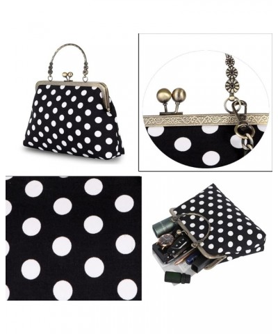 Floral Top Handle Handbag Chain Strap Women Kiss Lock Canvas Frame Shoulder Bag Black-polka-dot $23.39 Handbags