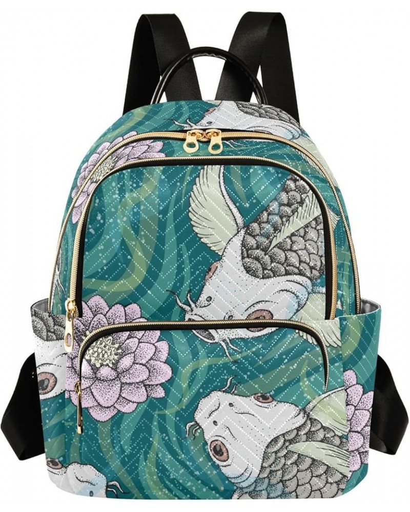 Backpack Purse for Women Traditional Japanese Carp Koi, Mini Fashion Backpack Oriental Fish Lotus Lightweight Casual Daypack ...