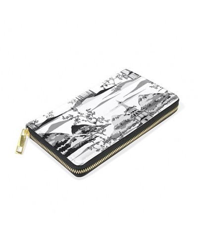 Seamless Retro Music Notes Black Ink Hand Drawn icons Artistic Style Women Leather Zipper Long Wallet, Large Capacity Organiz...