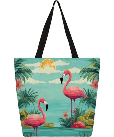 Canvas Tote Bag with Water Scene Flamingo Print - Stylish Accessory for Summer Days $10.81 Totes