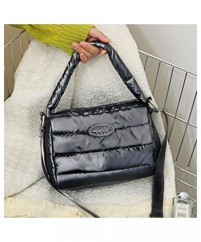 Puffy Shoulder Bag Puffer Top-Handle Crossbody Bag Padded Tote Bag for Women Quilted Satchel Handbag Purse with Zipper A-blac...