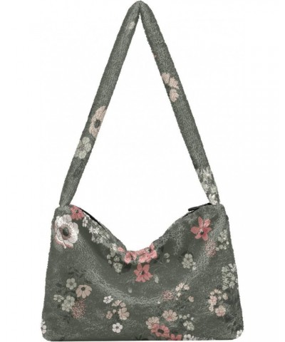 Vintage Pink White Floral Pattern Plush Underarm Bag Women's Tote Handbags Fluffy Shoulder Bag for Autumn and Winter $13.19 T...