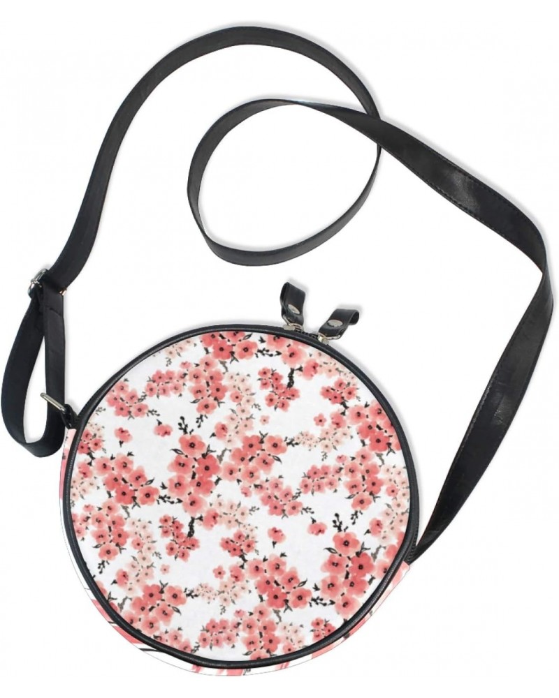 Pink Blossoming Flowers Crossbody Bag Small Canvas Shoulder Round Bag for Women $10.06 Shoulder Bags