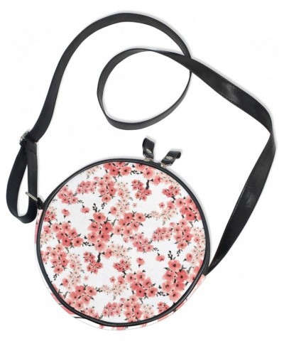 Pink Blossoming Flowers Crossbody Bag Small Canvas Shoulder Round Bag for Women $10.06 Shoulder Bags