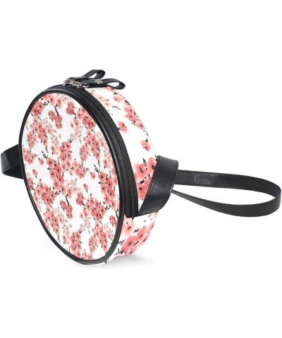 Pink Blossoming Flowers Crossbody Bag Small Canvas Shoulder Round Bag for Women $10.06 Shoulder Bags