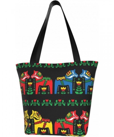 Runner Swedish Dala Horse Folk Classic Printed Design,Large-Capacity Lightweight Quilted Handbag,Suitable For Shopping,Fitnes...