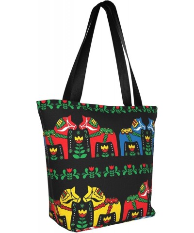 Runner Swedish Dala Horse Folk Classic Printed Design,Large-Capacity Lightweight Quilted Handbag,Suitable For Shopping,Fitnes...