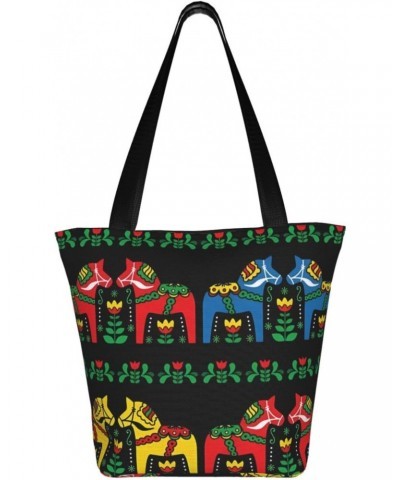 Runner Swedish Dala Horse Folk Classic Printed Design,Large-Capacity Lightweight Quilted Handbag,Suitable For Shopping,Fitnes...