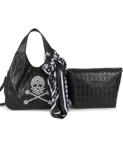 Women 2PCS Handbag and Purses PU Satchel Skull Rivet Shoulder Tote Top-Handle Bag Black Black $44.44 Totes