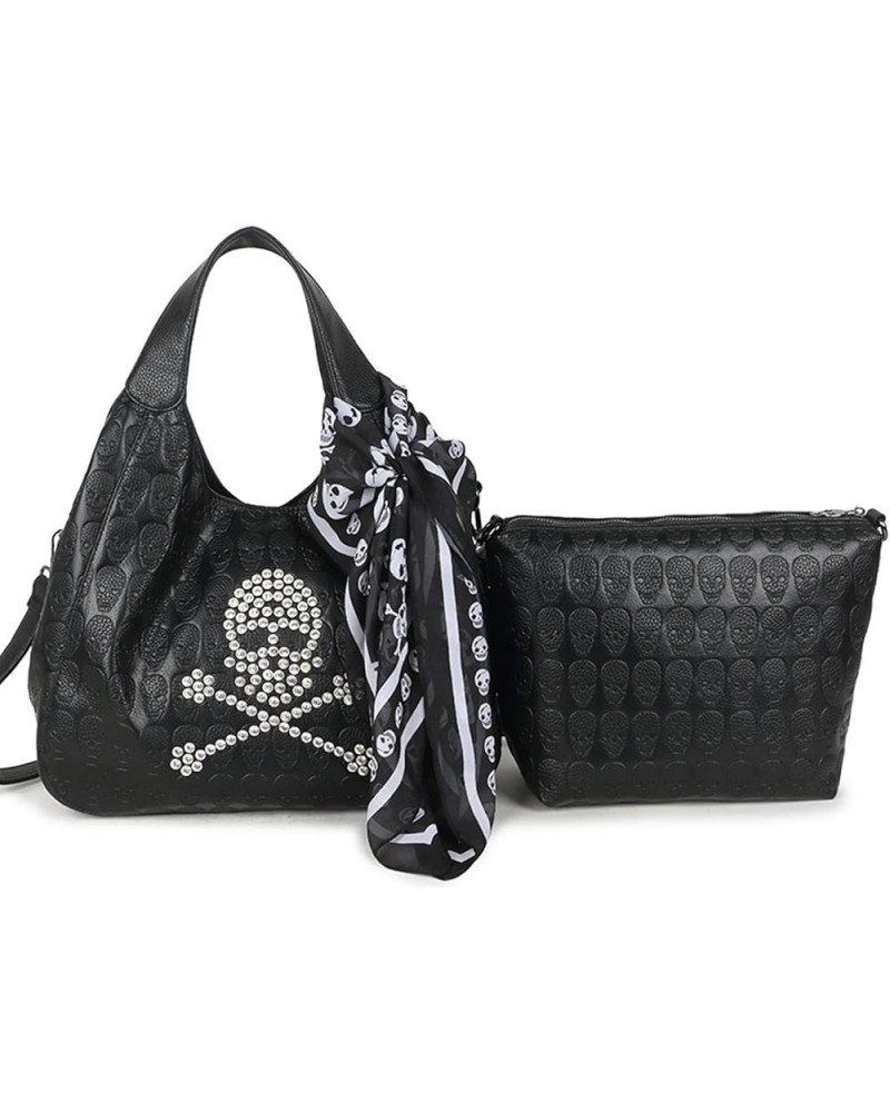 Women 2PCS Handbag and Purses PU Satchel Skull Rivet Shoulder Tote Top-Handle Bag Black Black $44.44 Totes