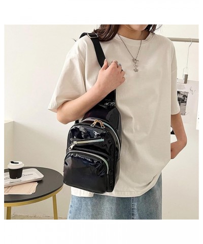 Stylish Breast Bag Women's Textured Bright PU Multi Functional Color Casual Shoulder Crossbody Bag Small Shoulder Bag Black $...